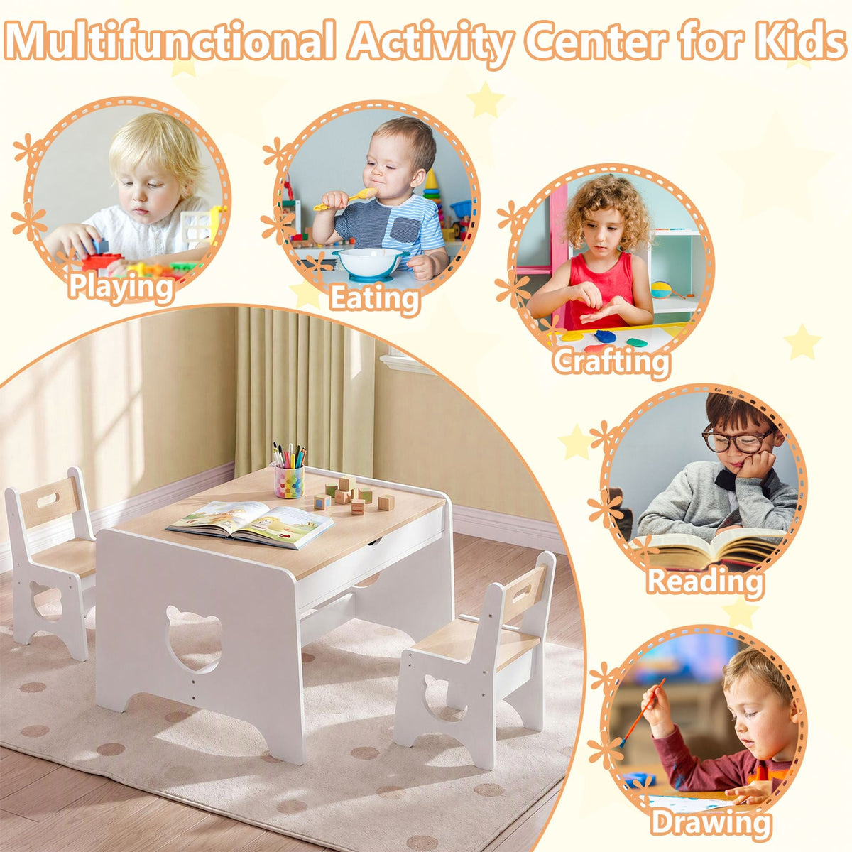 Wooden Kids Table and 2 Chair Set Ages 3-6 Bear-Themed Toddler Activity Desk-Natural