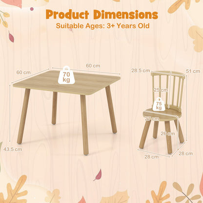 Wooden Kids Table and 2 Chairs Set with Curved Spindle Backrests-Natural