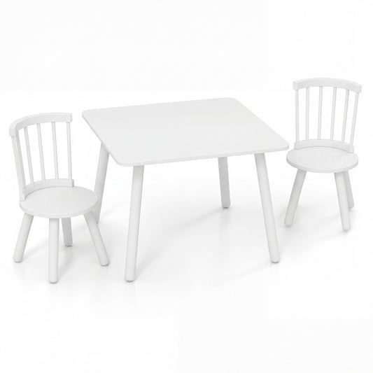 Wooden Kids Table and 2 Chairs Set with Curved Spindle Backrests-White