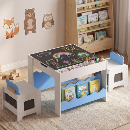 Wooden Kids Table and Chairs Set with Double-sided Tabletop and Small Compartments-Blue