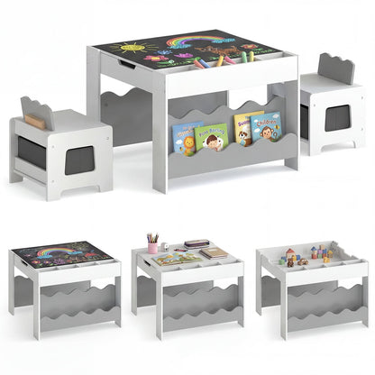 Wooden Kids Table and Chairs Set with Double-sided Tabletop and Small Compartments-Grey