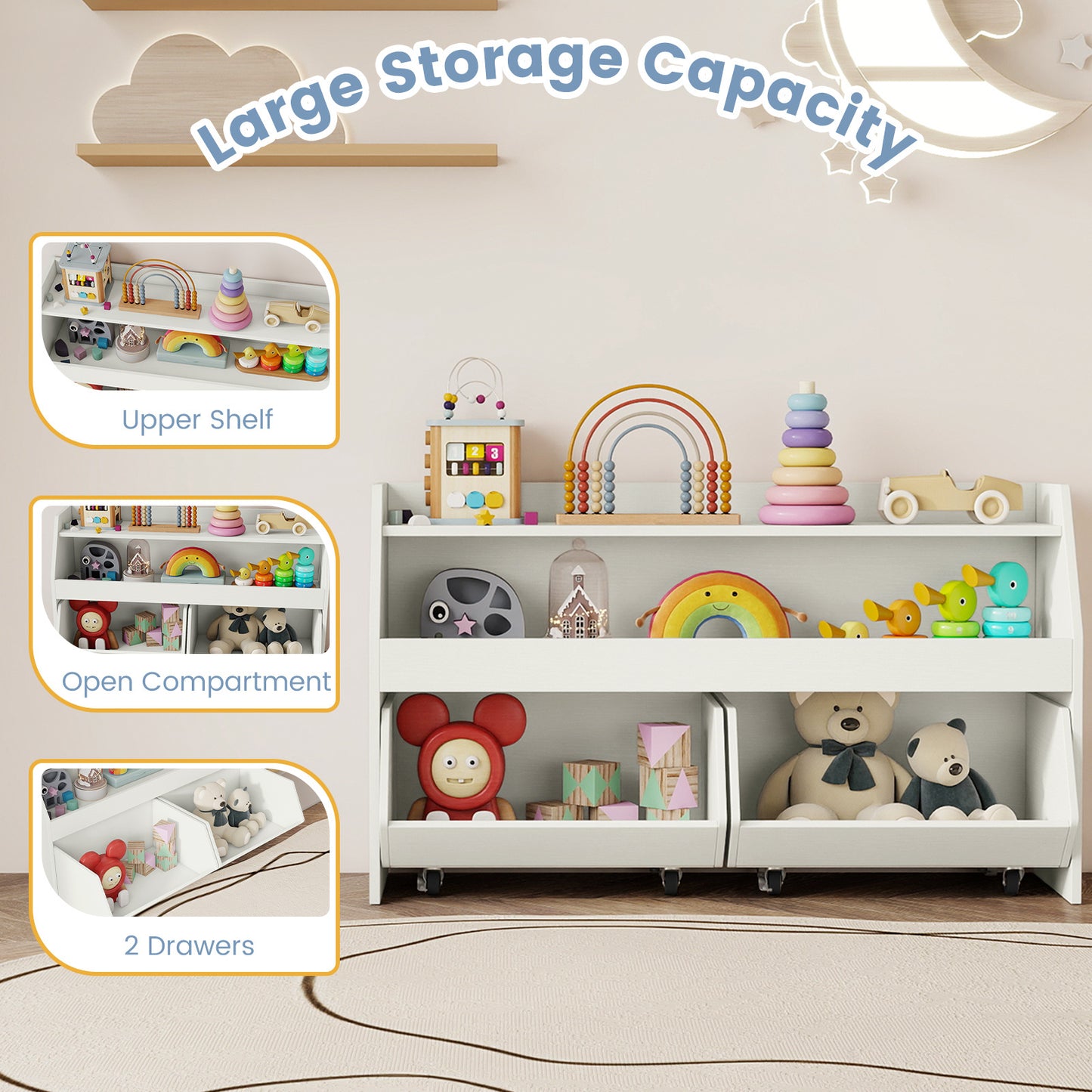 Wooden Kids Toy Storage Box with 2 Movable Drawers and Anti-toppling Kit-White