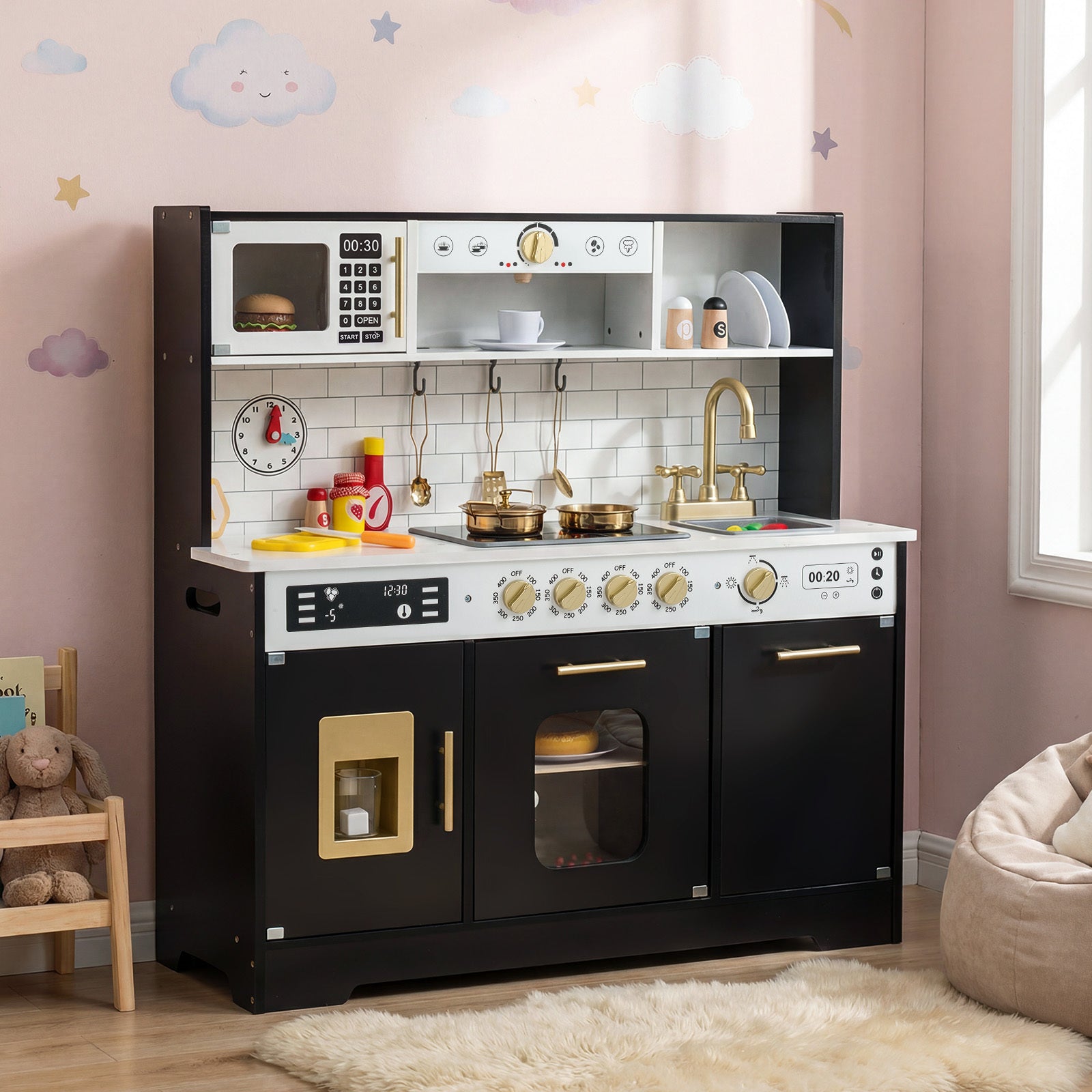 Wooden Kitchen Playset with Realistic Lights and Sounds-Black
