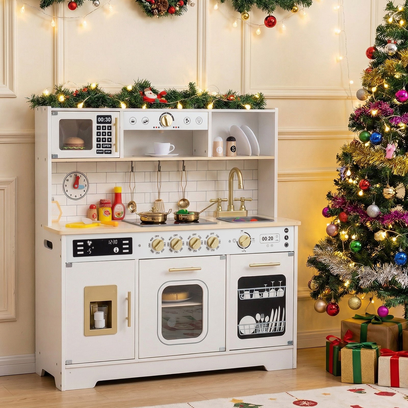 Wooden Kitchen Playset with Realistic Lights and Sounds-White