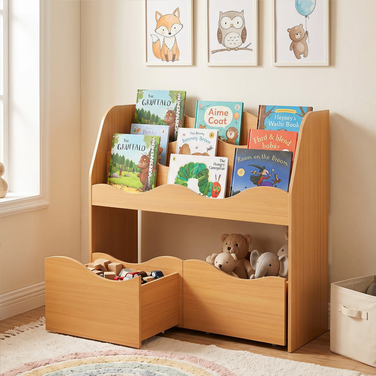 Wooden Montessori Bookshelf with 2 Rolling Drawers for Kids Room and Nursery-Natural