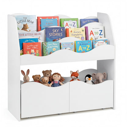 Wooden Montessori Bookshelf with 2 Rolling Drawers for Kids Room and Nursery-White