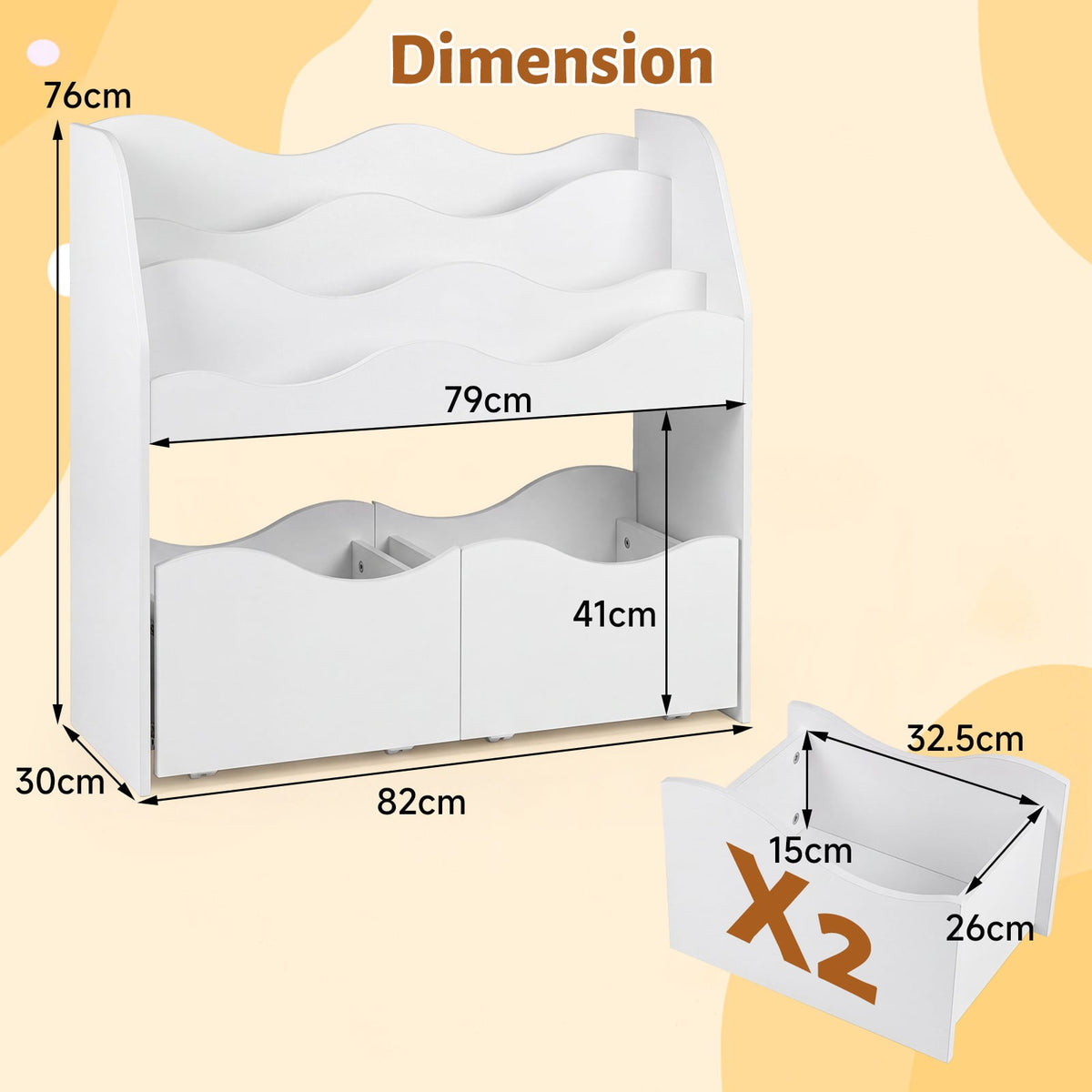 Wooden Montessori Bookshelf with 2 Rolling Drawers for Kids Room and Nursery-White