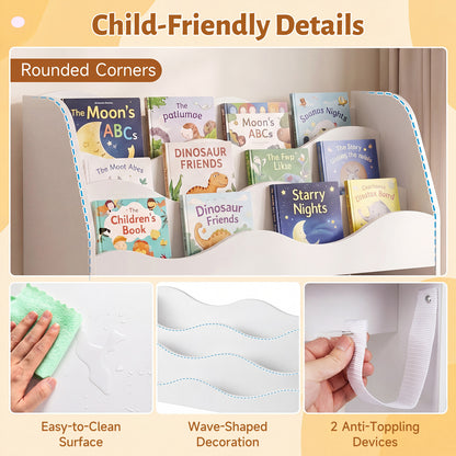 Wooden Montessori Bookshelf with 2 Rolling Drawers for Kids Room and Nursery-White