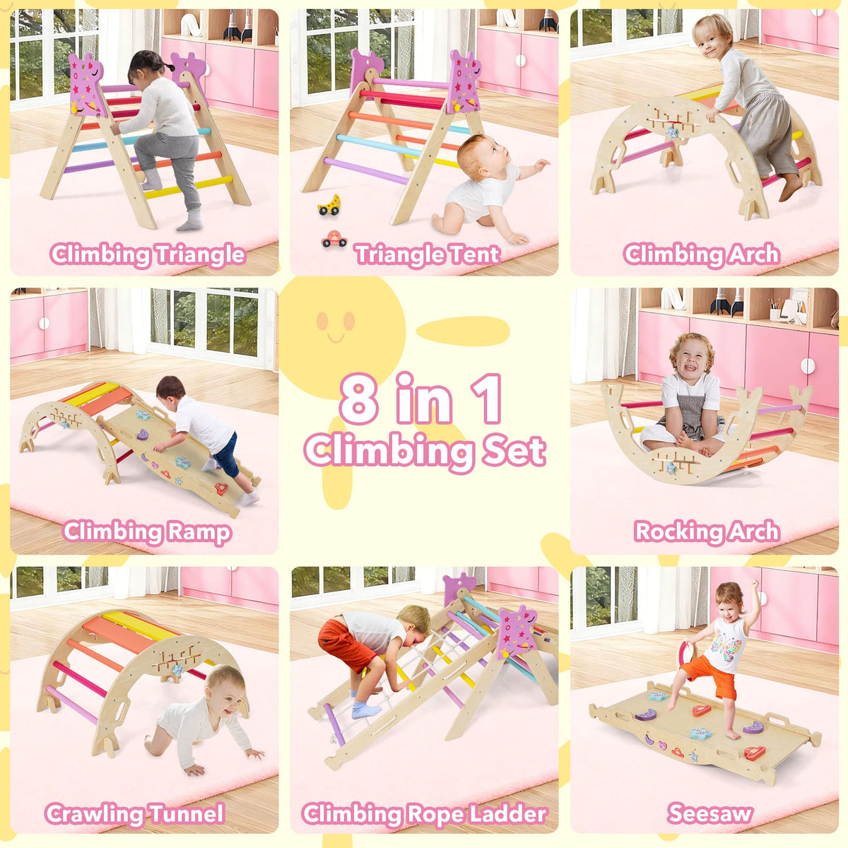 Wooden Montessori Climbing Set with Climbing Rope and Ladder-Colourful
