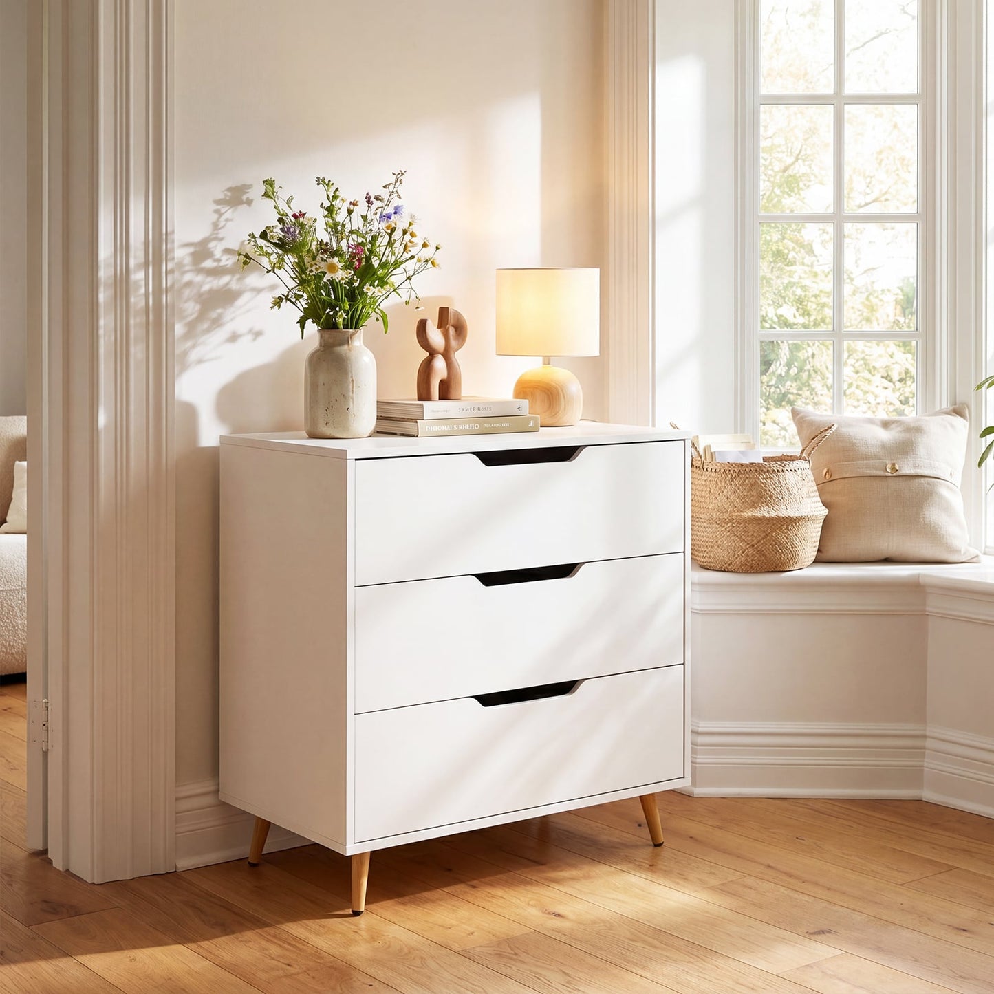 Wooden Nightstand with Anti Tipping Kits and Tall Storage for Living Room-White