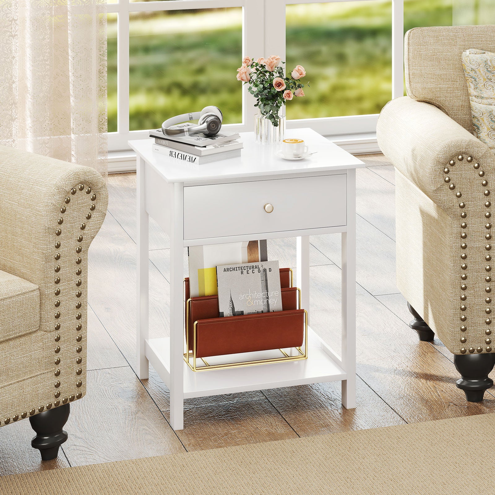 Wooden Nightstand with Drawer and Storage Shelf-White