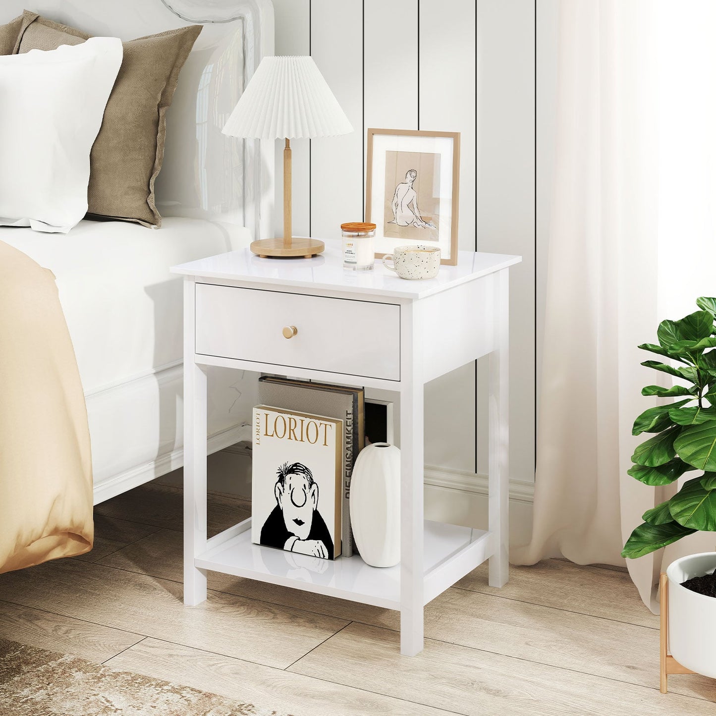 Wooden Nightstand with Drawer and Storage Shelf-White