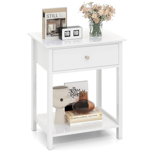 Wooden Nightstand with Drawer and Storage Shelf-White