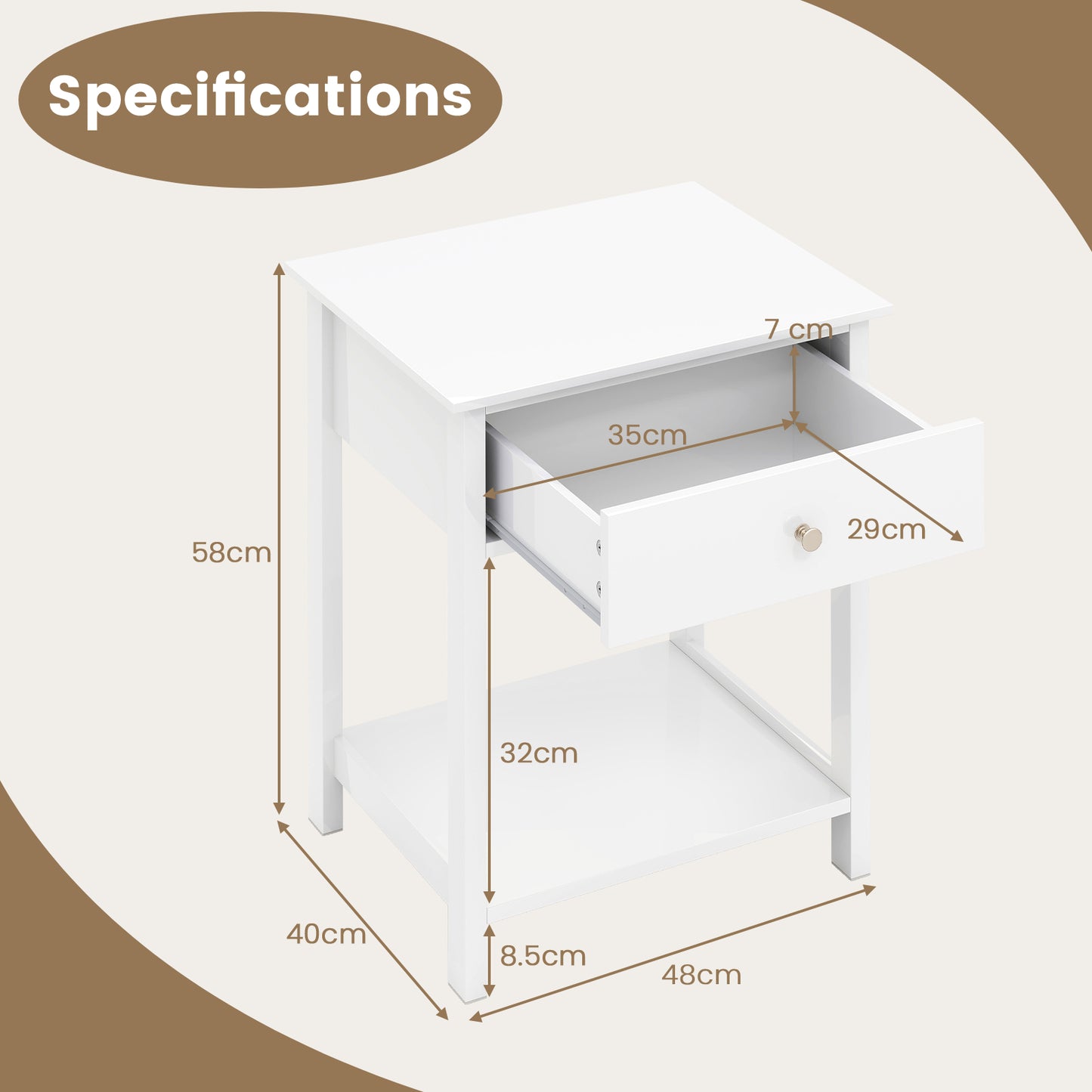 Wooden Nightstand with Drawer and Storage Shelf-White