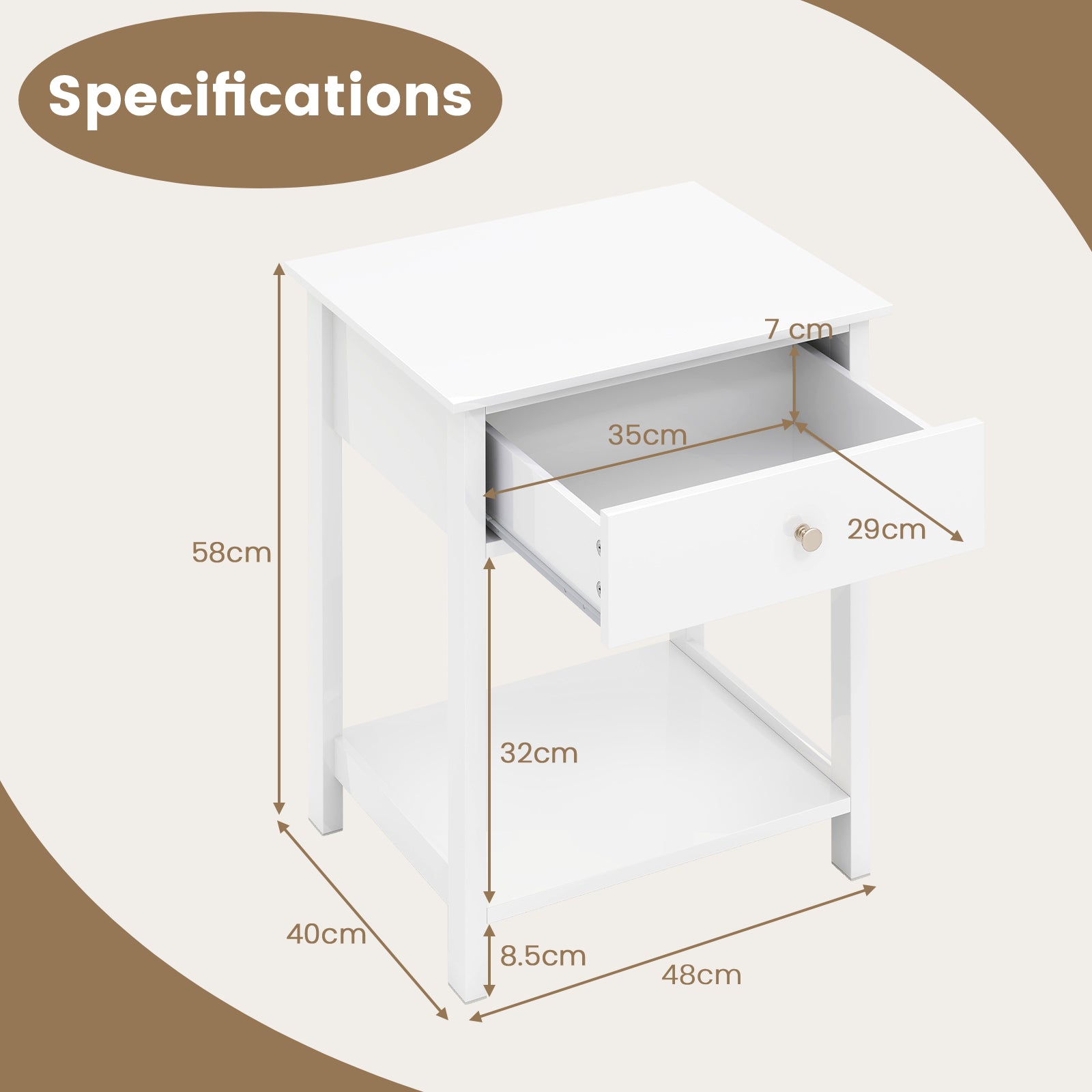 Wooden Nightstand with Drawer and Storage Shelf-White