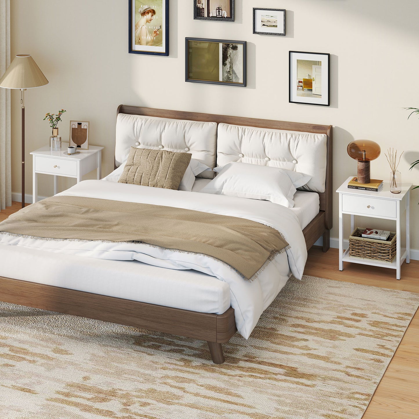 Wooden Nightstand with Drawer and Storage Shelf-White