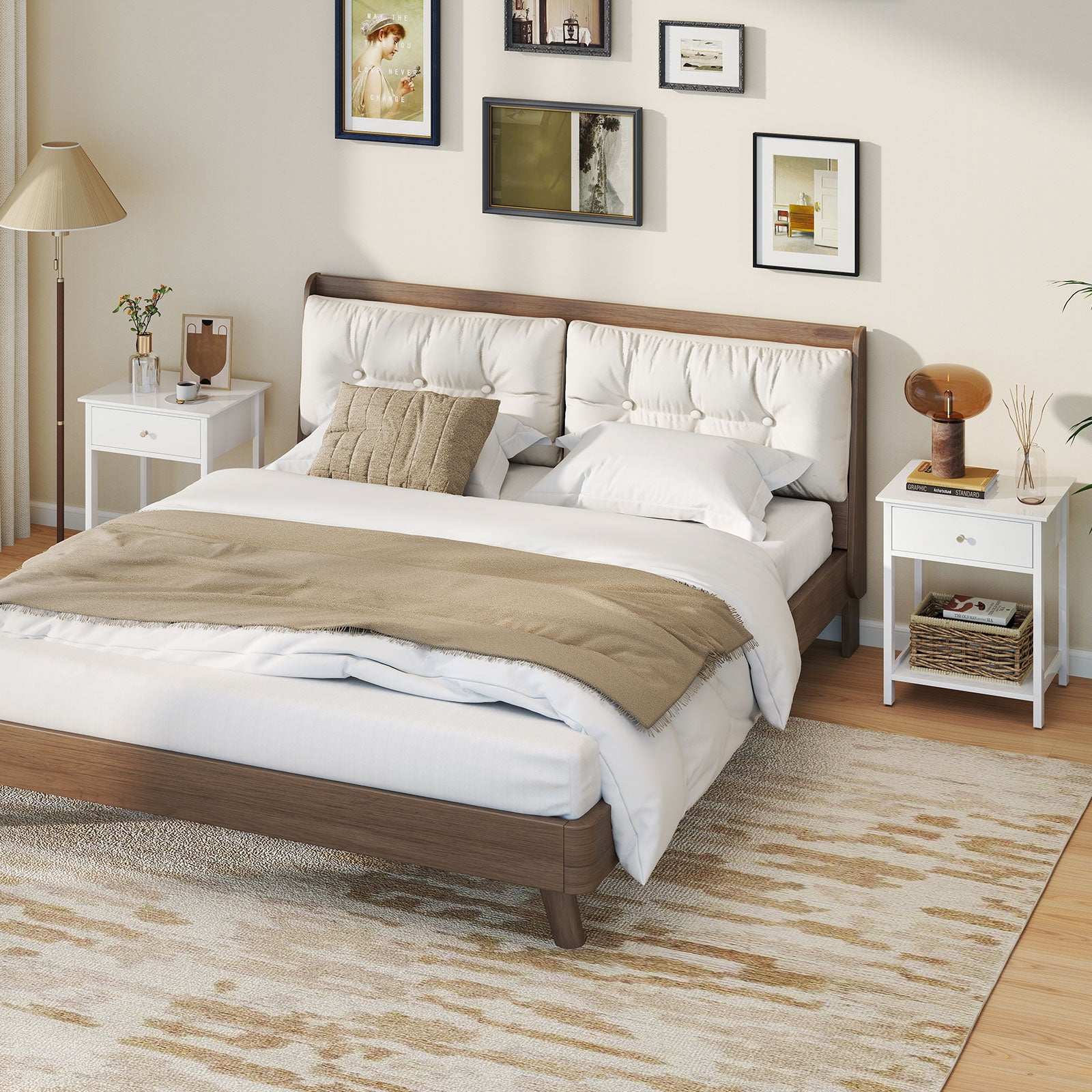 Wooden Nightstand with Drawer and Storage Shelf-White