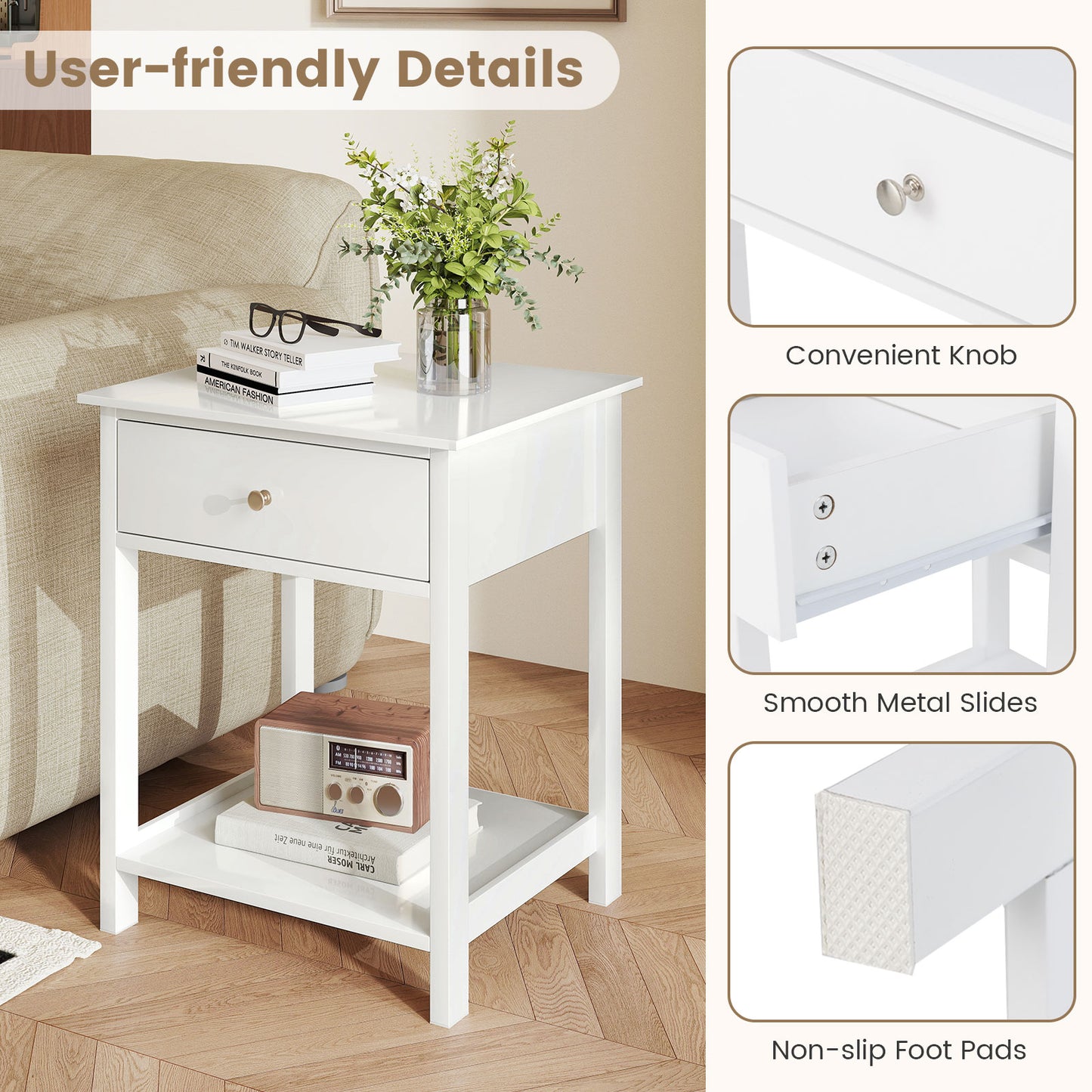 Wooden Nightstand with Drawer and Storage Shelf-White