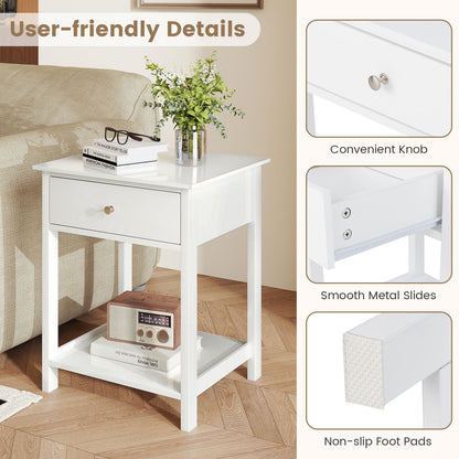Wooden Nightstand with Drawer and Storage Shelf-White