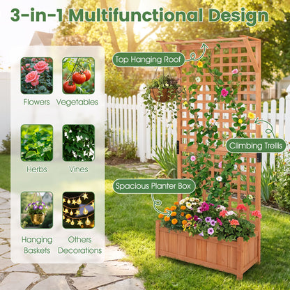 Wooden Planter Container Raised Garden Bed with Arch Trellis-Orange