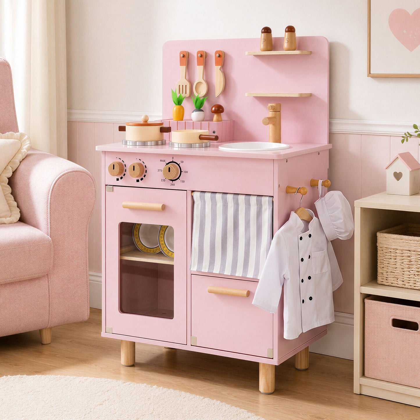 Wooden Play Kitchen Role-Play Gift for Girls and Boys Ages 3+-Pink