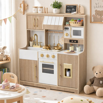Wooden Play Kitchen for Kids Toddlers with Realistic Lights & Sounds Storage-Natural