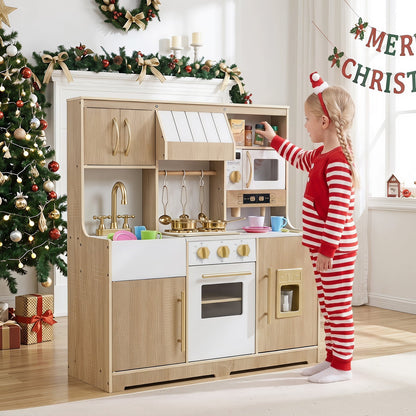Wooden Play Kitchen for Kids Toddlers with Realistic Lights & Sounds Storage-Natural