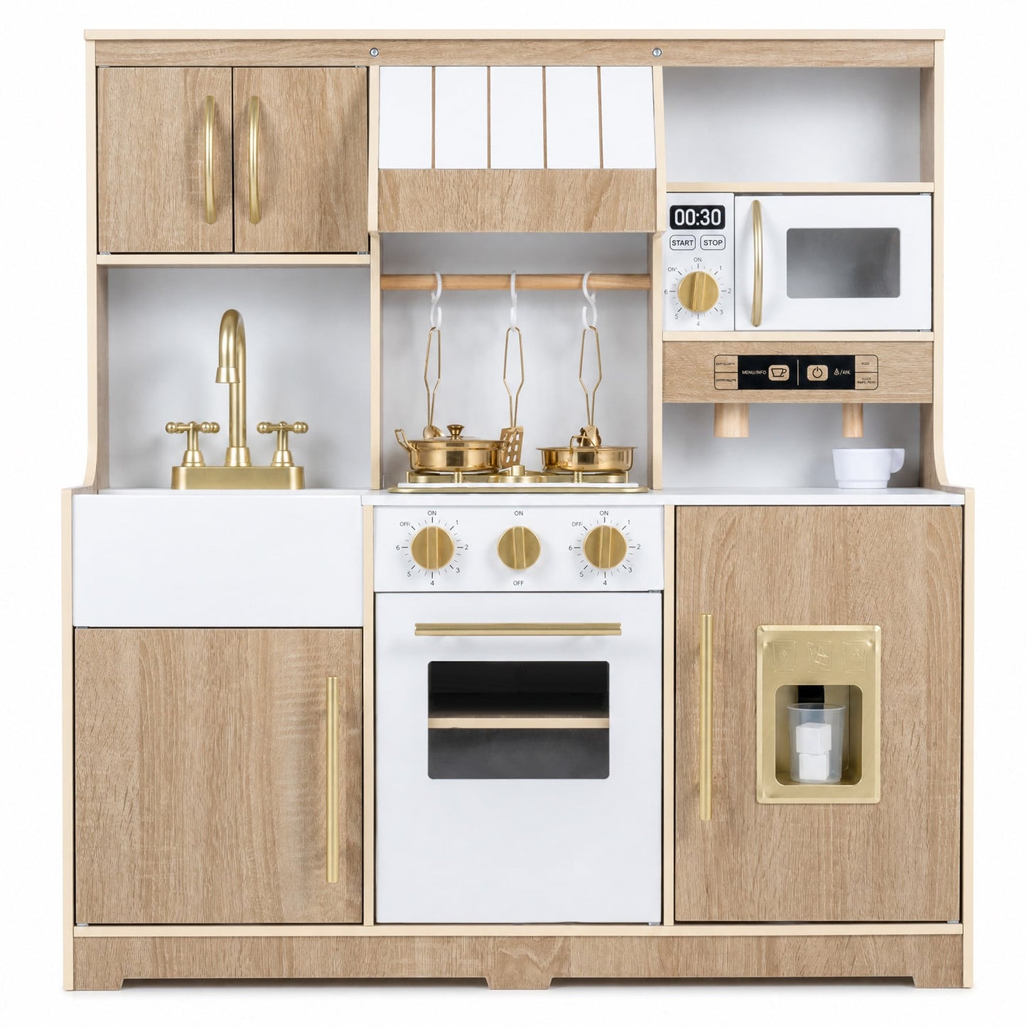 Wooden Play Kitchen for Kids Toddlers with Realistic Lights & Sounds Storage-Natural