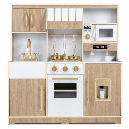 Wooden Play Kitchen for Kids Toddlers with Realistic Lights & Sounds Storage-Natural