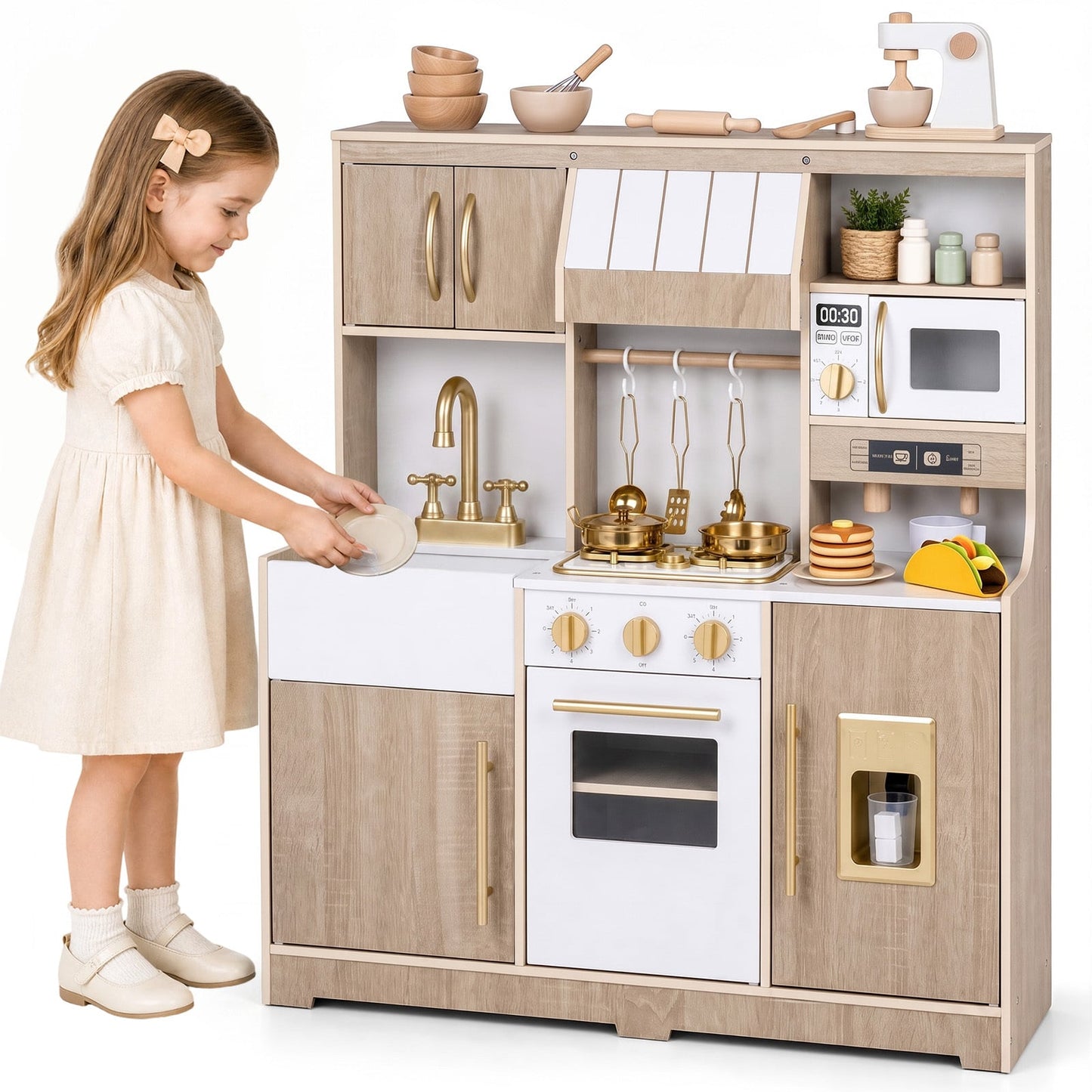 Wooden Play Kitchen for Kids Toddlers with Realistic Lights & Sounds Storage-Natural