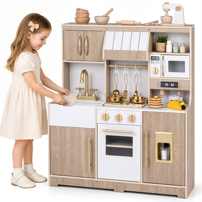 Wooden Play Kitchen for Kids Toddlers with Realistic Lights & Sounds Storage-Natural