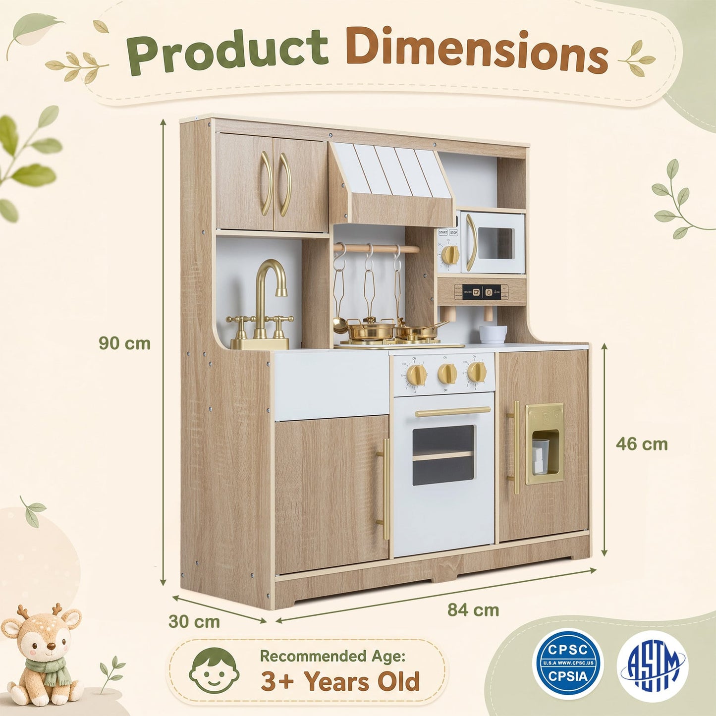 Wooden Play Kitchen for Kids Toddlers with Realistic Lights & Sounds Storage-Natural