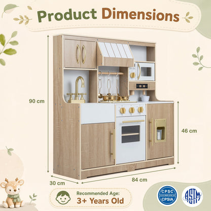 Wooden Play Kitchen for Kids Toddlers with Realistic Lights & Sounds Storage-Natural