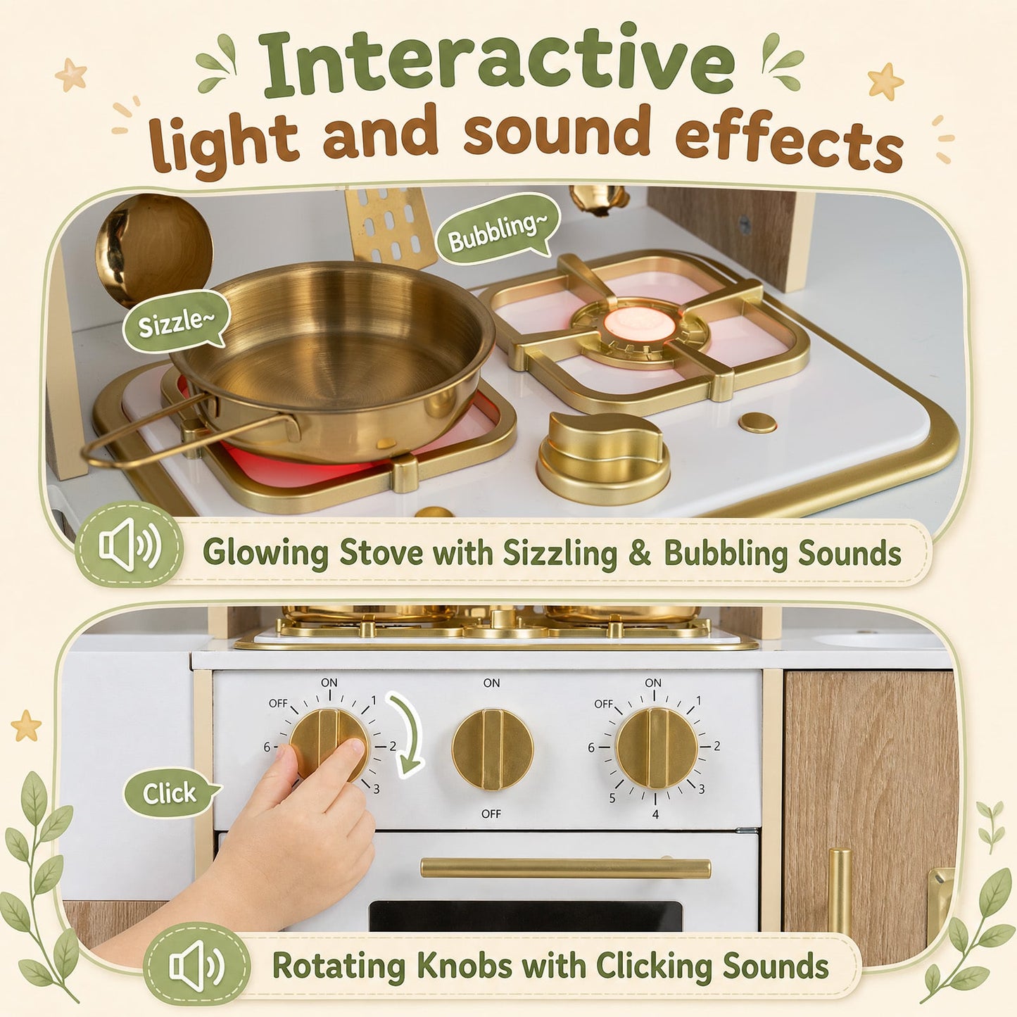 Wooden Play Kitchen for Kids Toddlers with Realistic Lights & Sounds Storage-Natural
