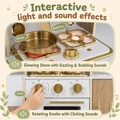Wooden Play Kitchen for Kids Toddlers with Realistic Lights & Sounds Storage-Natural