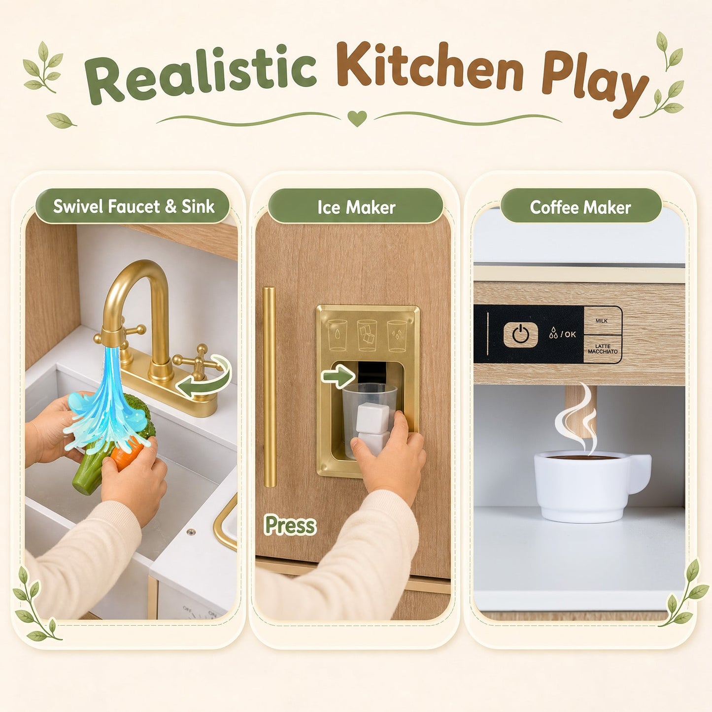 Wooden Play Kitchen for Kids Toddlers with Realistic Lights & Sounds Storage-Natural
