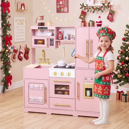 Wooden Play Kitchen for Kids with Realistic Lights and Sounds Ice Maker for Boys Girls Ages 3+-Pink