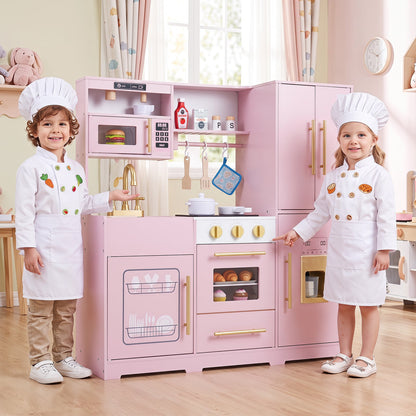 Wooden Play Kitchen for Kids with Realistic Lights and Sounds Ice Maker for Boys Girls Ages 3+-Pink