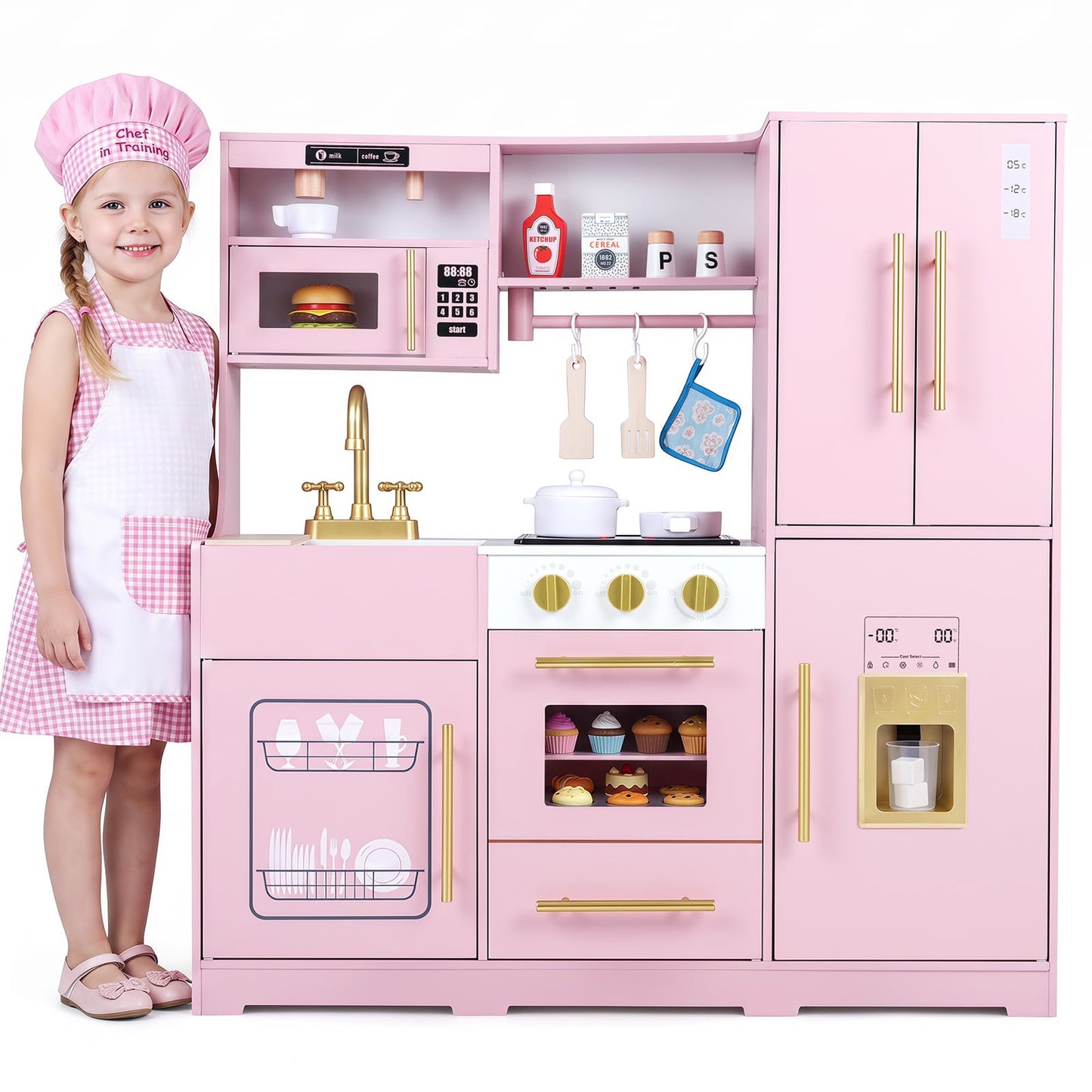 Wooden Play Kitchen for Kids with Realistic Lights and Sounds Ice Maker for Boys Girls Ages 3+-Pink