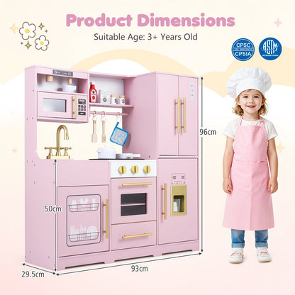 Wooden Play Kitchen for Kids with Realistic Lights and Sounds Ice Maker for Boys Girls Ages 3+-Pink