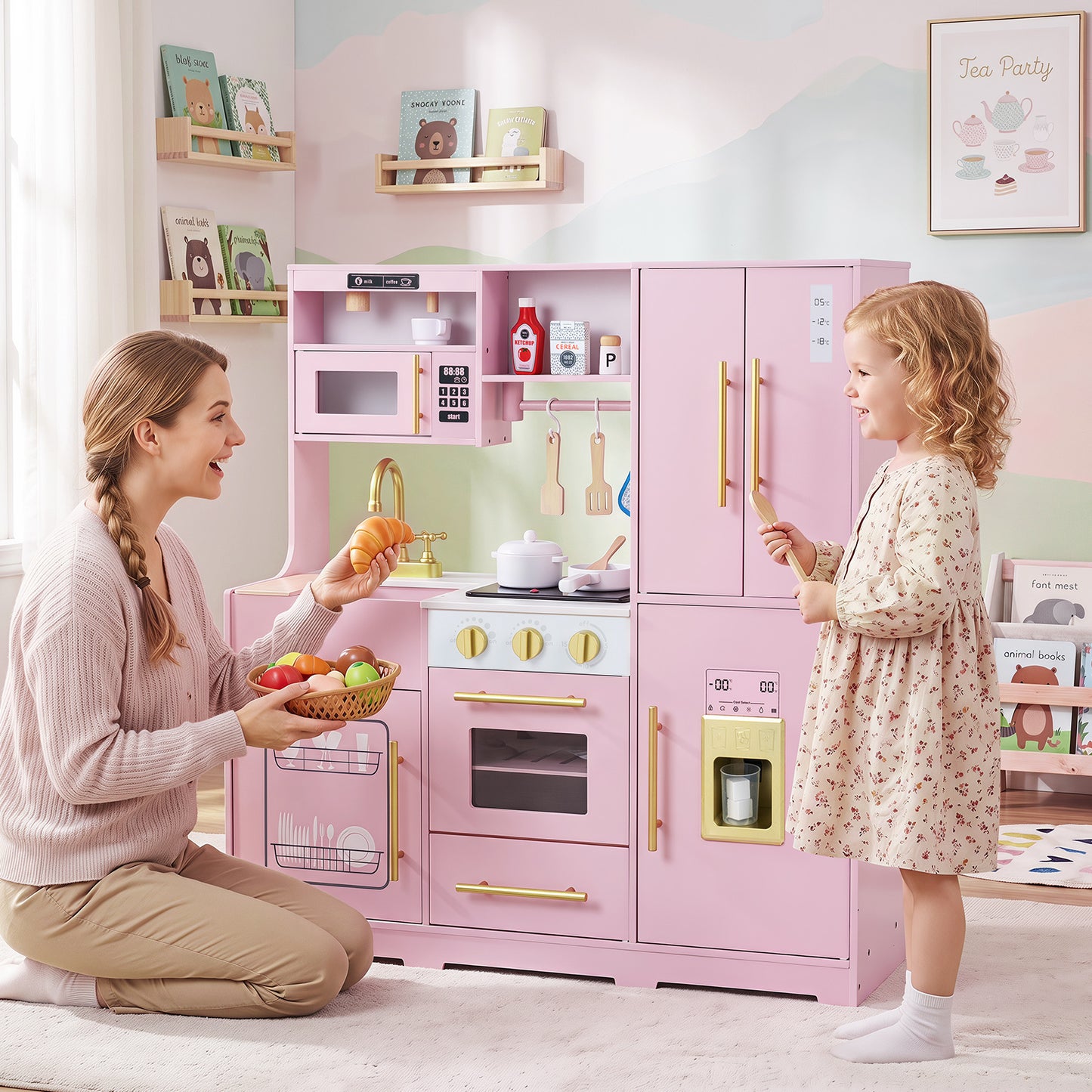 Wooden Play Kitchen for Kids with Realistic Lights and Sounds Ice Maker for Boys Girls Ages 3+-Pink