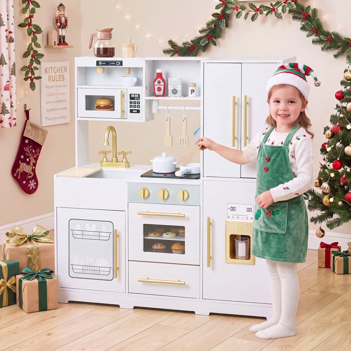 Wooden Play Kitchen for Kids with Realistic Lights and Sounds Ice Maker for Boys Girls Ages 3+-White