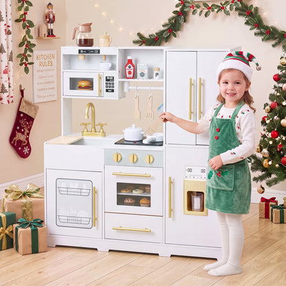 Wooden Play Kitchen for Kids with Realistic Lights and Sounds Ice Maker for Boys Girls Ages 3+-White