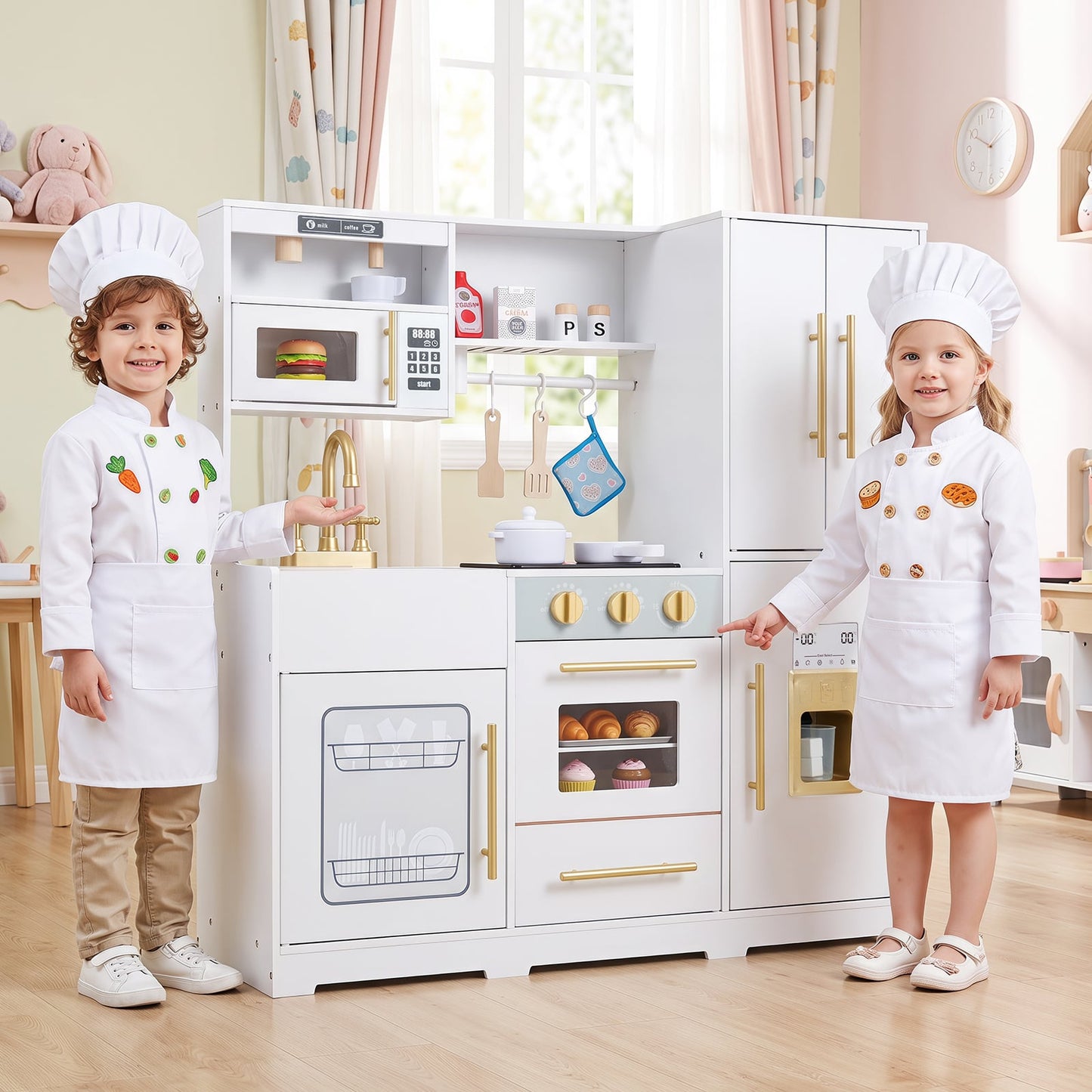 Wooden Play Kitchen for Kids with Realistic Lights and Sounds Ice Maker for Boys Girls Ages 3+-White