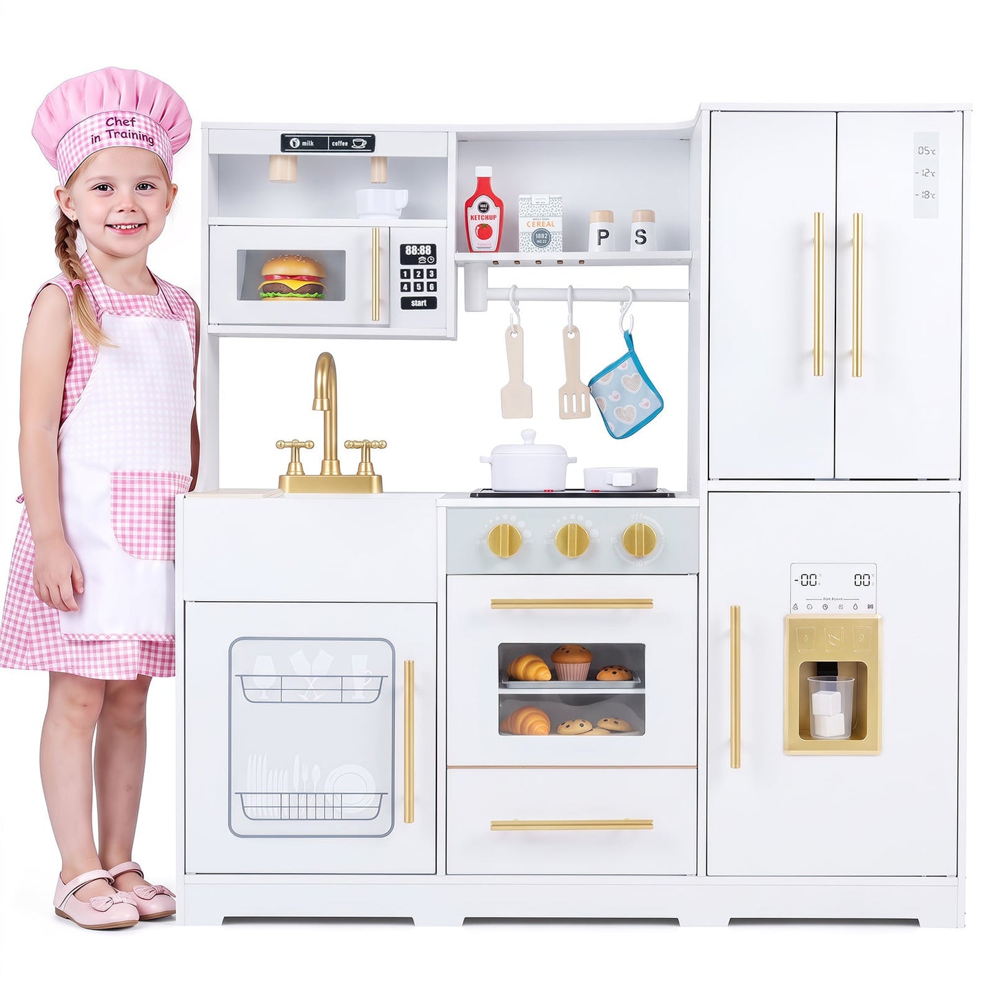 Wooden Play Kitchen for Kids with Realistic Lights and Sounds Ice Maker for Boys Girls Ages 3+-White