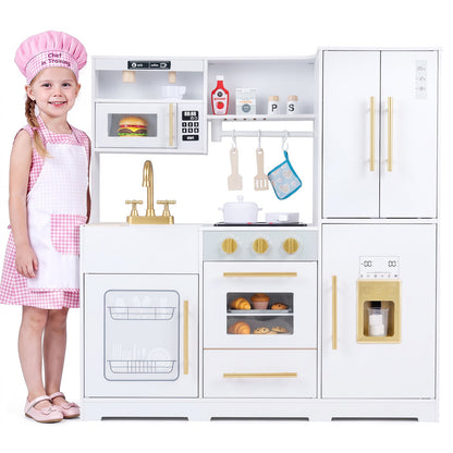 Wooden Play Kitchen for Kids with Realistic Lights and Sounds Ice Maker for Boys Girls Ages 3+-White