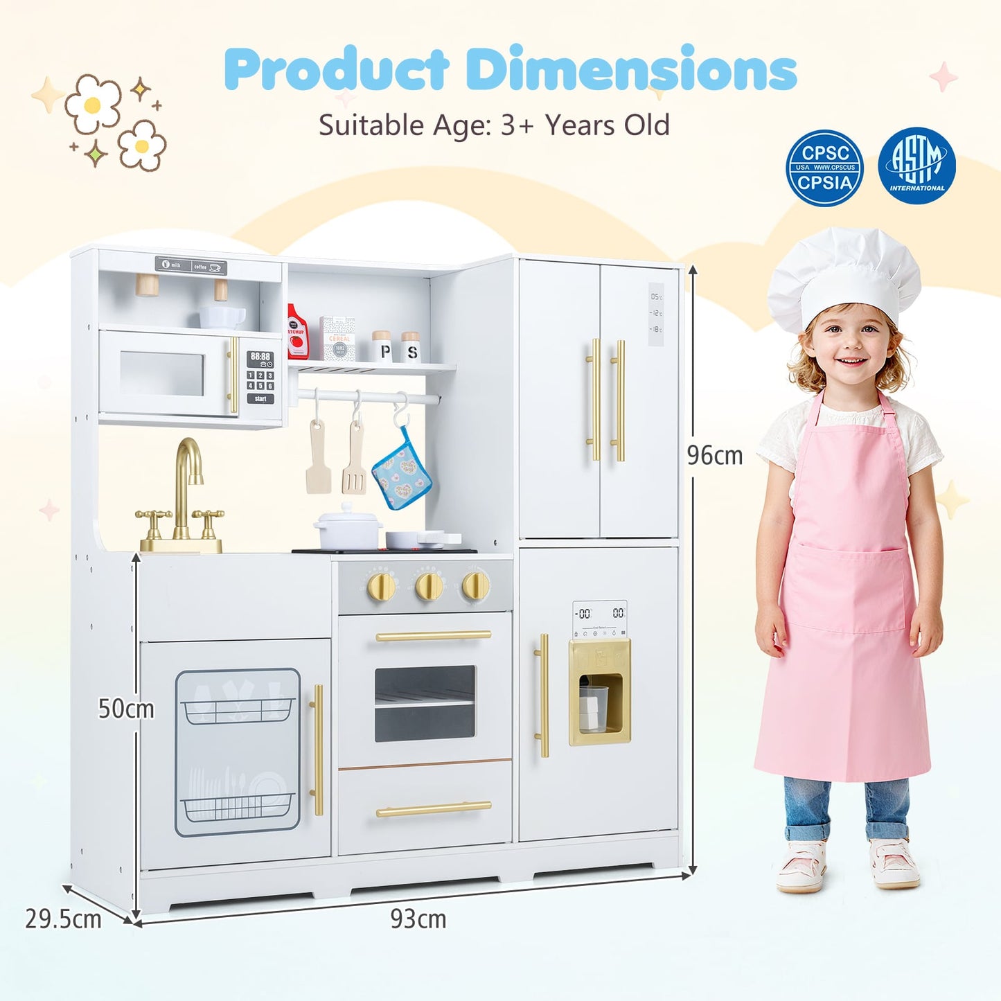 Wooden Play Kitchen for Kids with Realistic Lights and Sounds Ice Maker for Boys Girls Ages 3+-White
