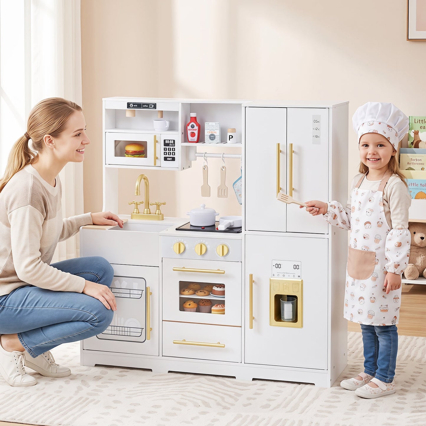 Wooden Play Kitchen for Kids with Realistic Lights and Sounds Ice Maker for Boys Girls Ages 3+-White