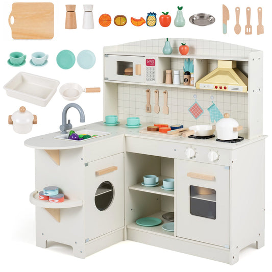 Wooden Play Kitchen with Lights and Sounds for Toddlers Ages 3+-White