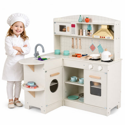 Wooden Play Kitchen with Lights and Sounds for Toddlers Ages 3+-White